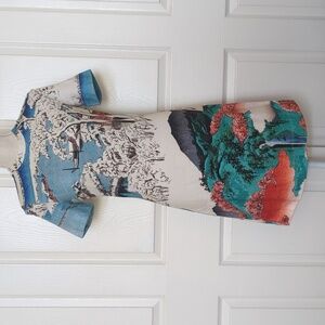 Carven Shirt Sleeve Japanese Multicolor Artistic Print Dress